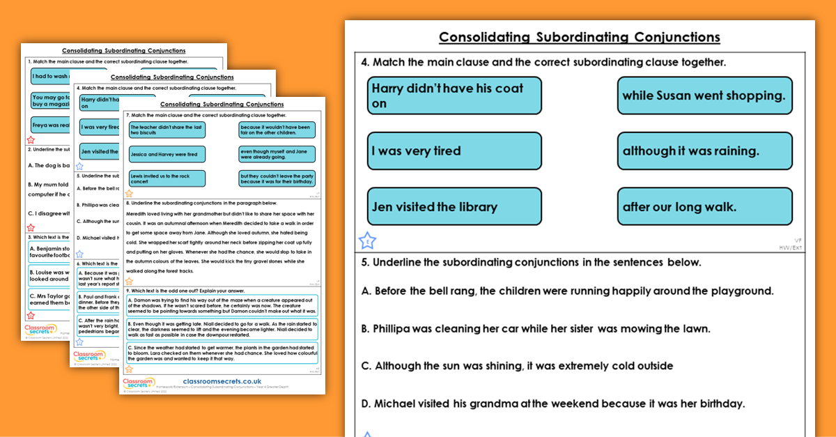 Year 4 Consolidating Subordinating Conjunctions Homework
