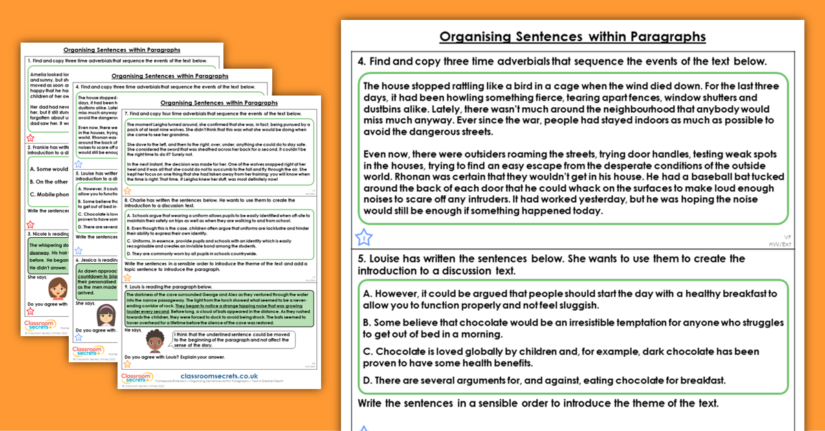 Year 6 Organising Sentences Within Paragraphs Homework