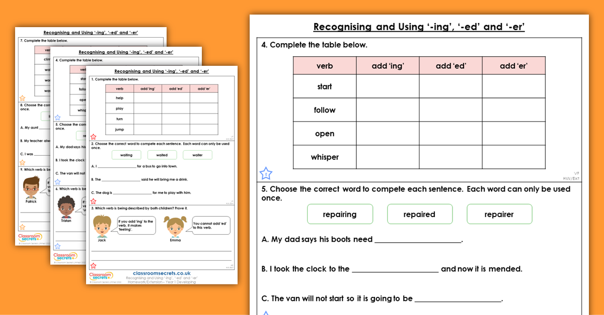Recognising and Using '-ing', '-ed' and '-er' Homework