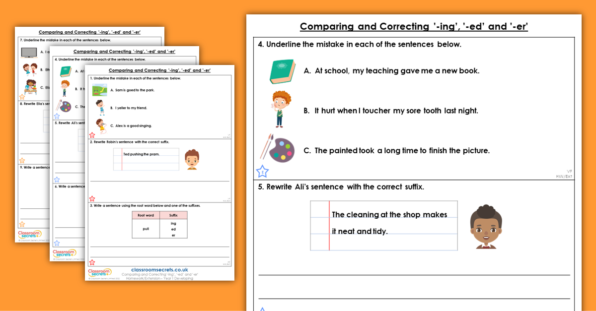 Year 1 Comparing and Correcting '-ing', '-ed' and '-er' Homework