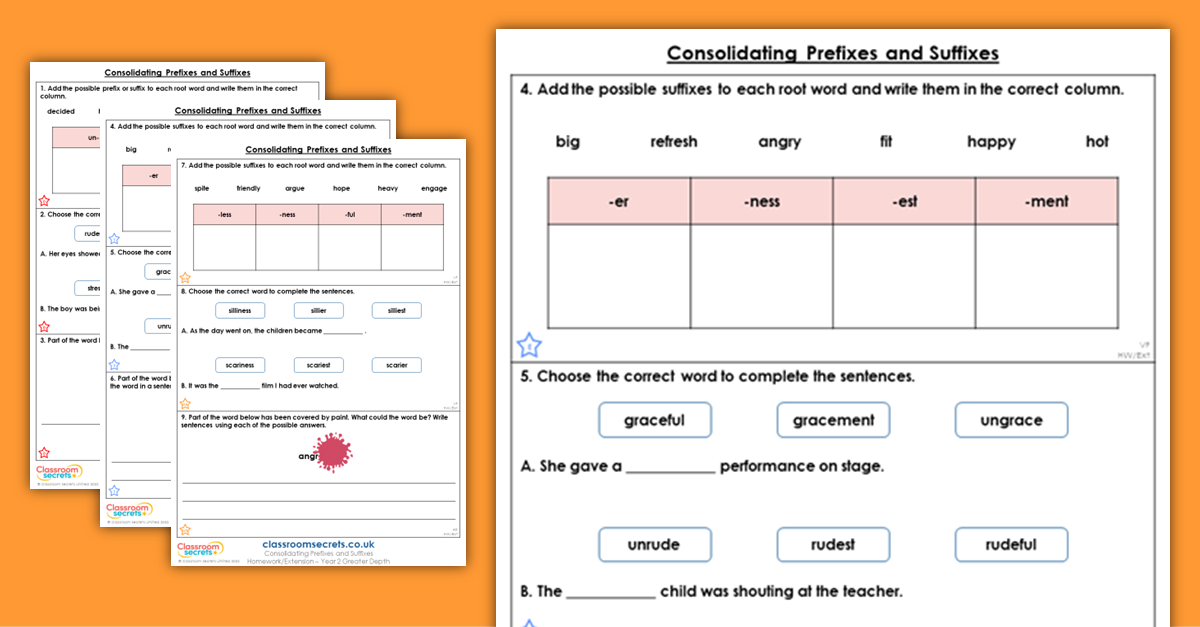 Year 2 Consolidating Prefixes and Suffixes Homework