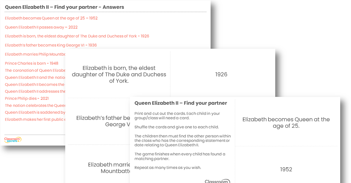 Free Queen Elizabeth II Find your Partner Activity