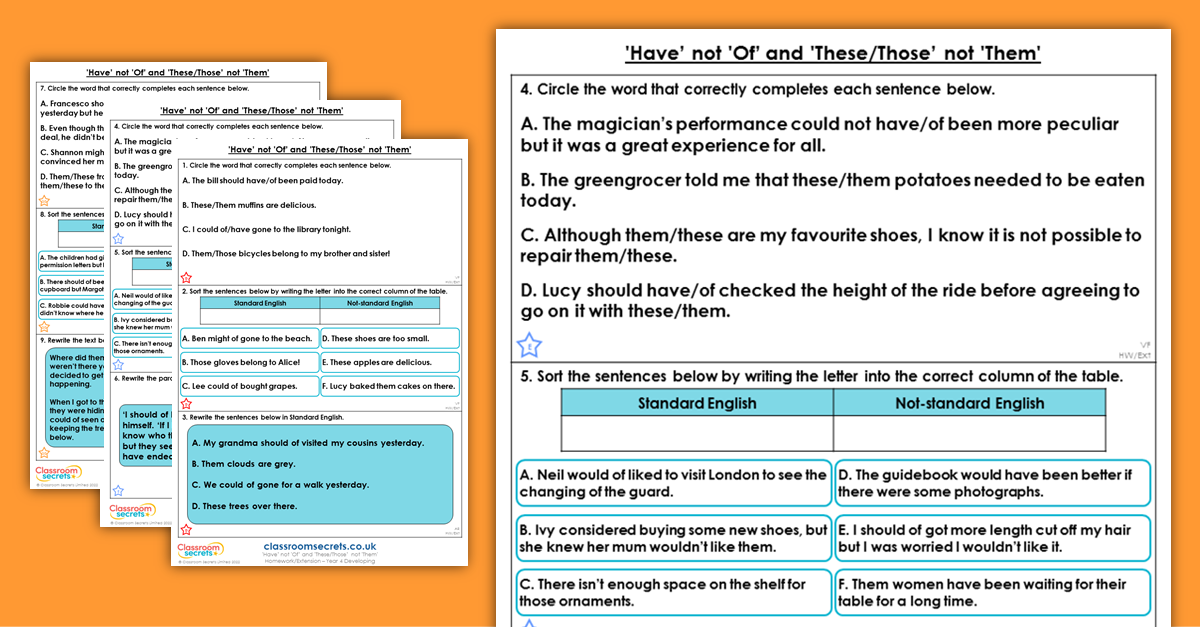 Year 4 ‘Have’ not ‘Of’ and ‘These/Those’ not ‘Them’ Homework