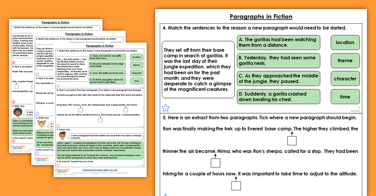 Year 6 Paragraphs in Fiction Homework