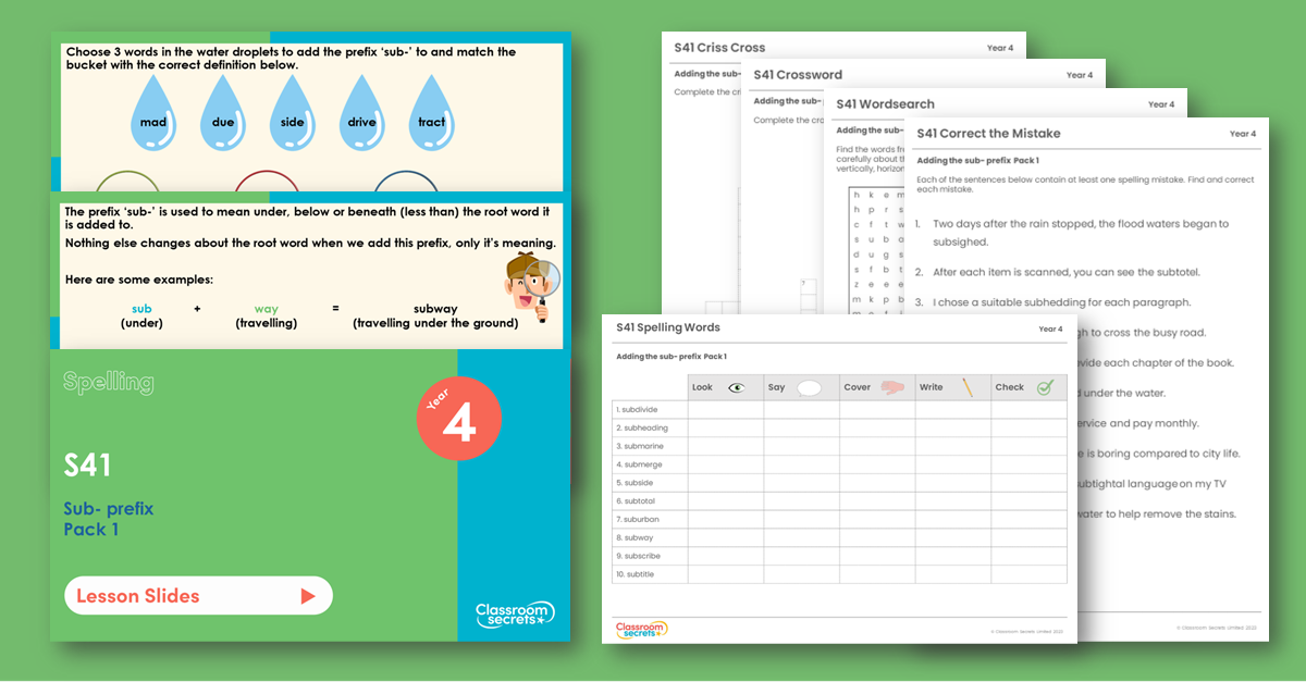 Year 4 Spelling Resource Pack - S41 Sub- Prefixes Pack 1