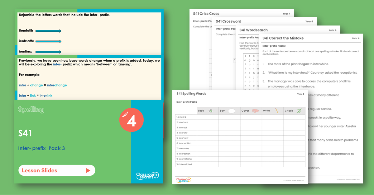 Year 4 Spelling Resource Pack - S41 Inter- prefix  Pack 3