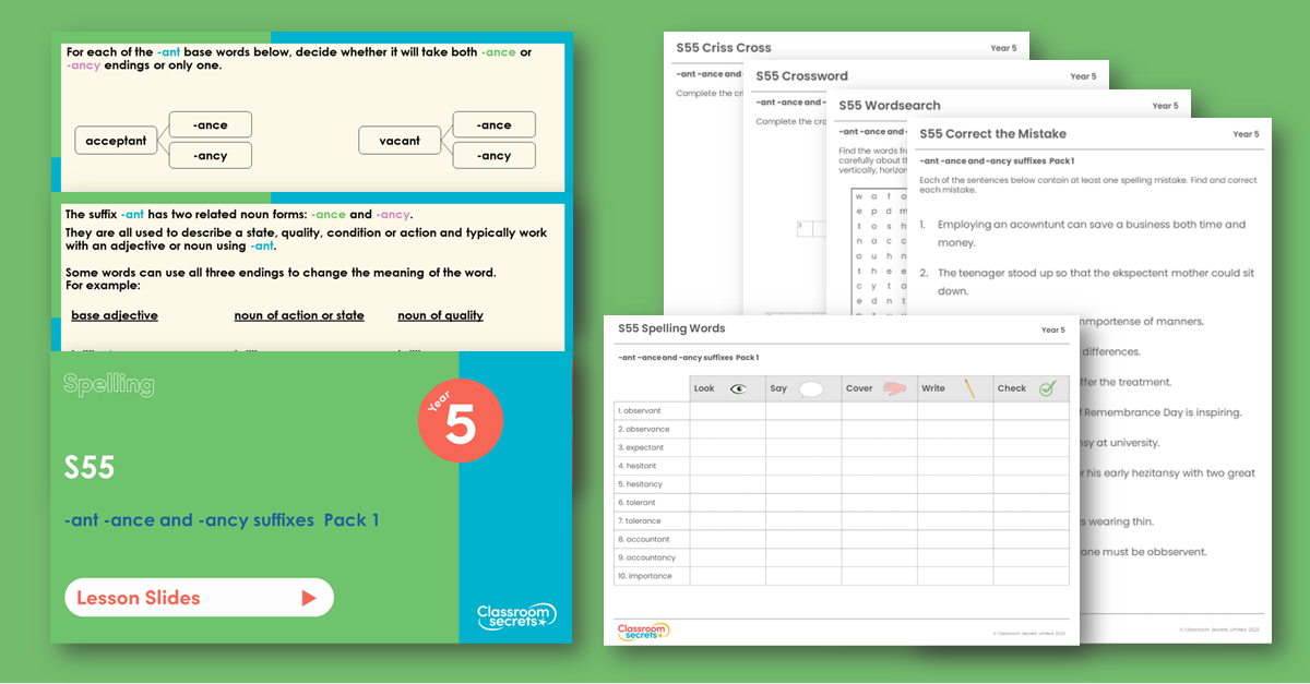 Year 5 Spelling Resource Pack - S55 -ant -ance -ancy suffixes  Pack 1