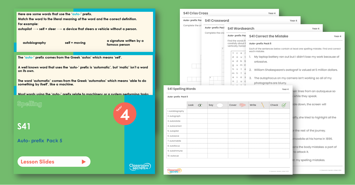 Year 4 Spelling Resource Pack - S41 Auto- prefix  Pack 5