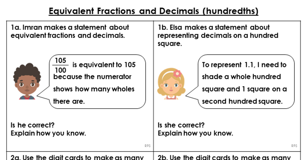 Equivalent Fractions and Decimals (hundredths) - Reasoning and Problem Solving
