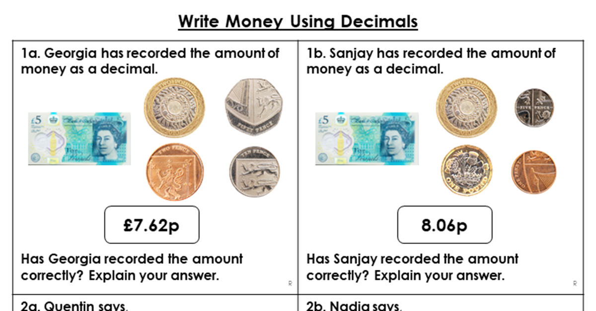 Write Money Using Decimals - Reasoning and Problem Solving