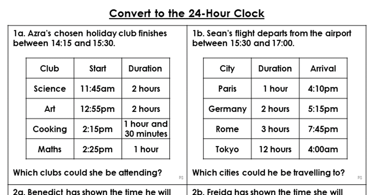Convert to the 24-Hour Clock - Reasoning and Problem Solving