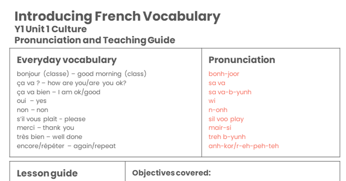 Year 1 Introducing French Vocabulary - Pronunciation Guide