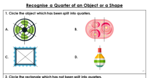 Year 1 Recognise a Quarter of an Object or a Shape Homework