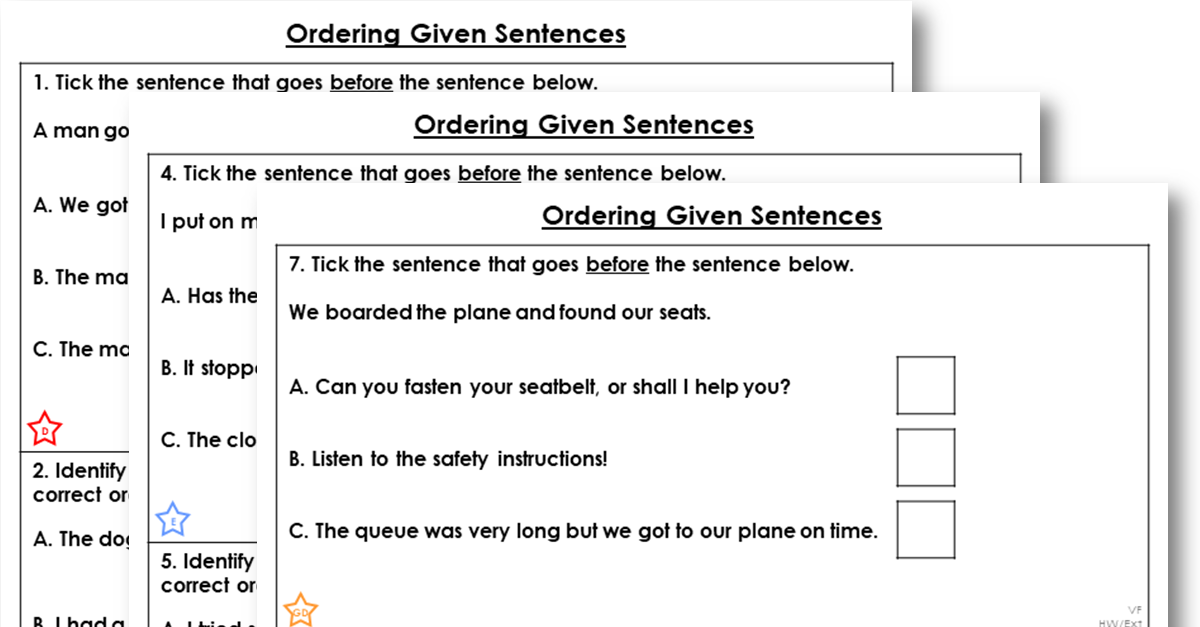 Year 1 Ordering Given Sentences Homework