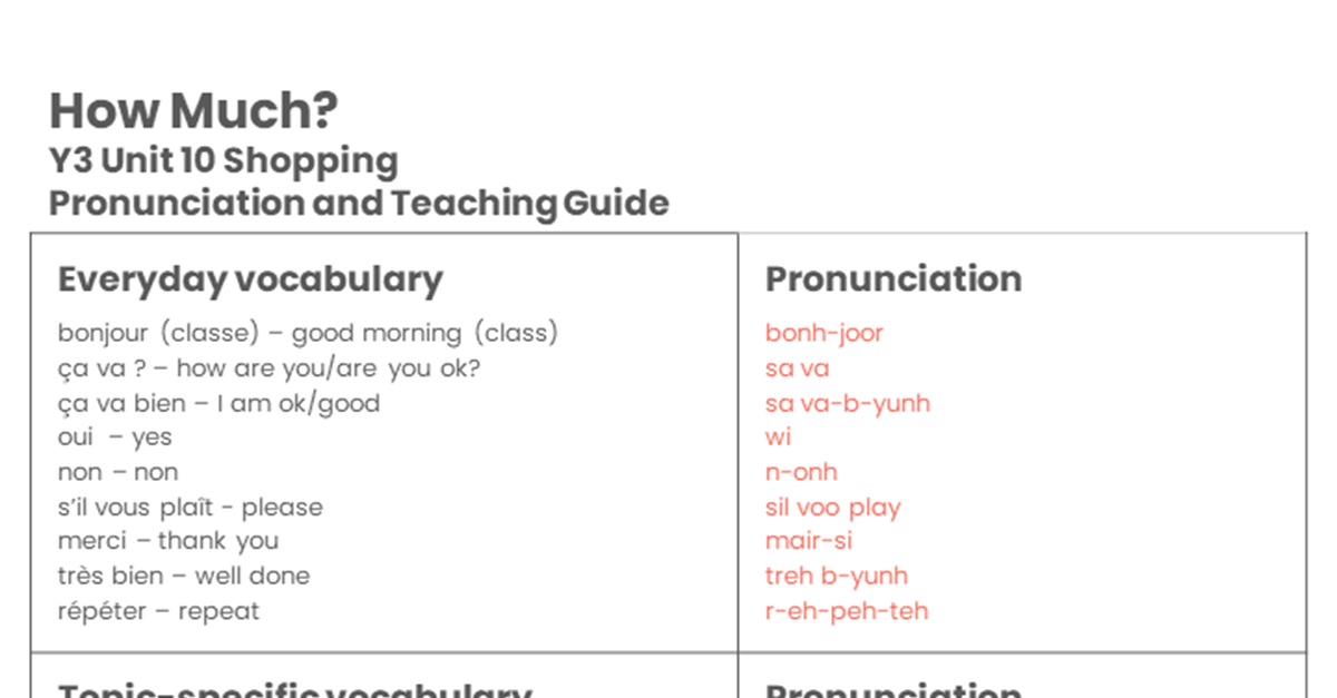 Year 3 How Much?  - Pronunciation Guide