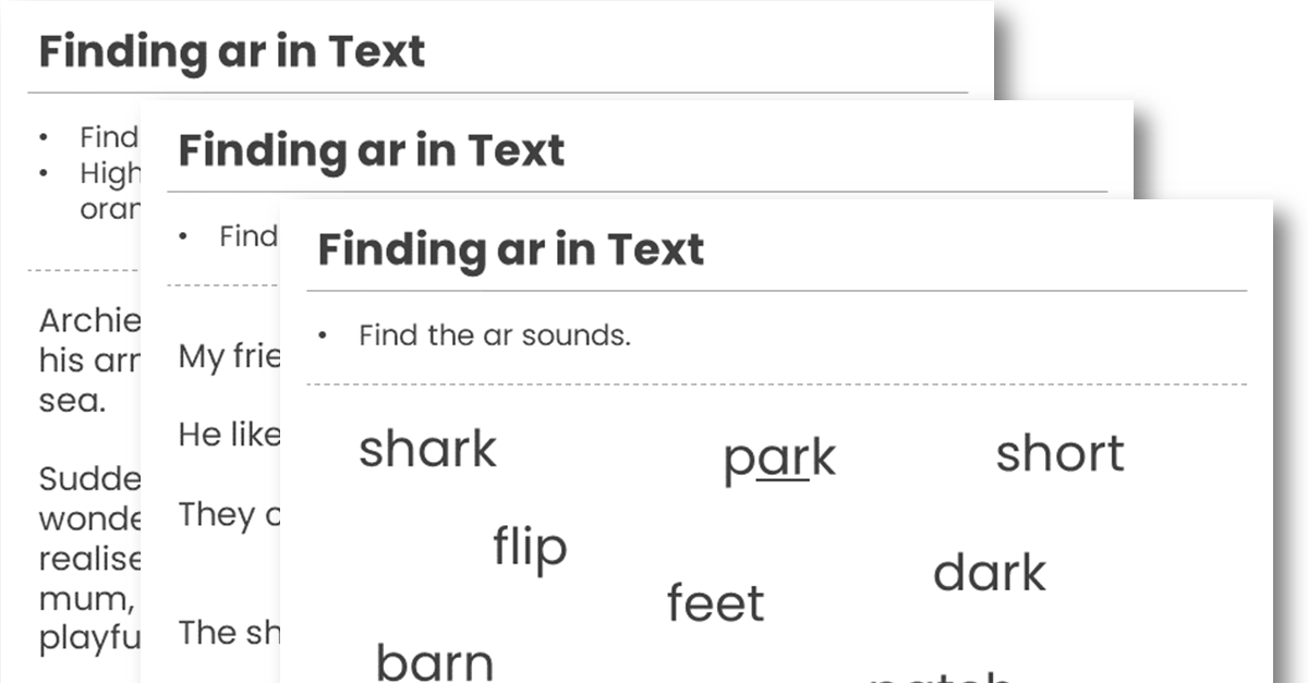 Finding 'ar' in Text Phonics Worksheets