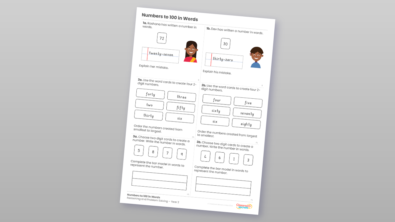 Year 2 Numbers to 100 in Words Reasoning and Problem Solving