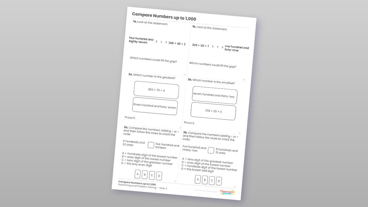 Year 3 Compare Numbers up to 1,000 Reasoning and Problem Solving
