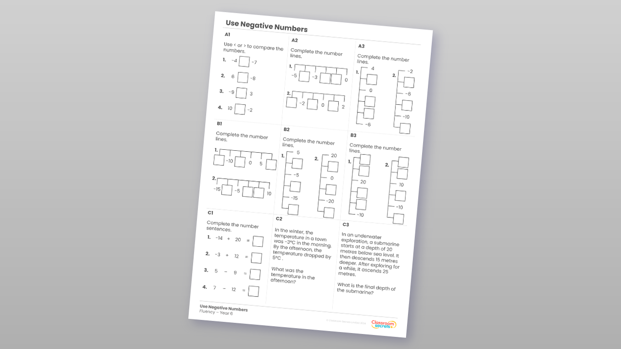 Year 6 Use Negative Numbers Fluency Matrix