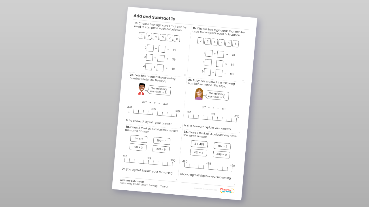 Free Year 3 Add and Subtract 1s Reasoning and Problem Solving