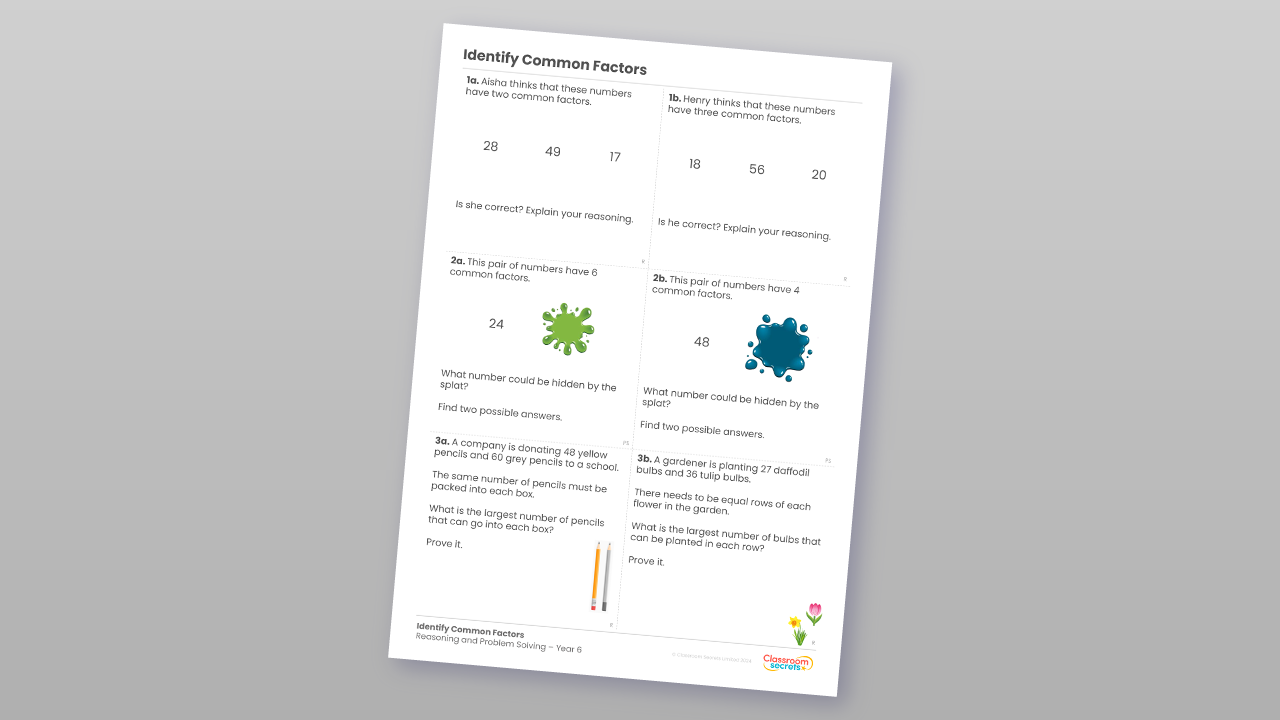 Year 6 Identify Common Factors Reasoning and Problem Solving